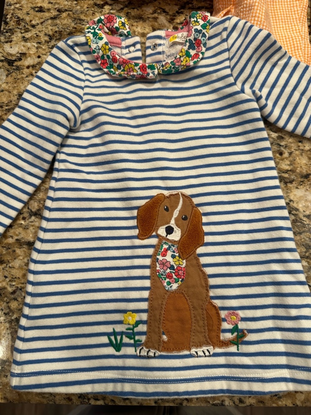 Boden Striped Blue & White Dress with Puppy Applique